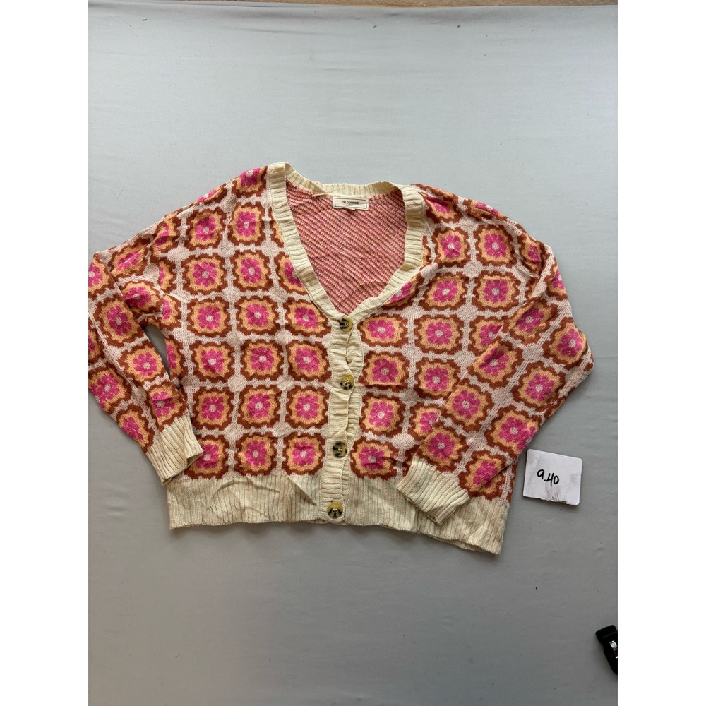 No Comment NY-LA Floral Geometric Knit Cardigan Sweater Pink Orange Cream XL